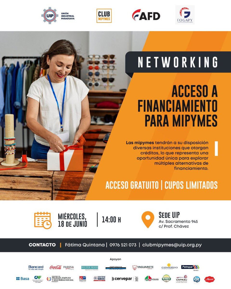 La AFD, en conjunto con la Unión Industrial Paraguaya - UIP y el Club Mipymes, invitan a empresas del sector mipymes a participar de una jornada informativa sobre las distintas líneas de financiamiento disponibles a través de las Instituciones Financieras Intermediarias (IFIs).