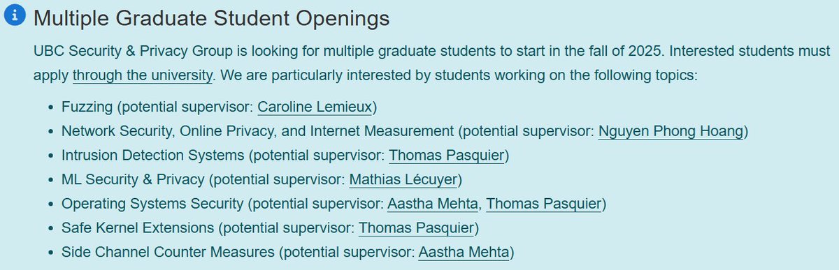 tfjmp's tweet image. The Privacy & Security Group at @UBC_CS will be recruiting fully funded graduate students again next year!
We welcome Canadian and International students from all backgrounds!
More information on our website: spg.cs.ubc.ca
