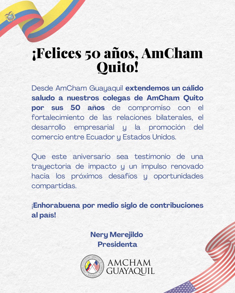 Nery Merejildo - Chair AmCham (@chairamchamgye) on Twitter photo Hoy celebramos los 50 años de <a href="/amchamec/">AMCHAM Quito Ecuador</a>. 🎉
Desde <a href="/amchamgye/">AMCHAM Guayaquil</a> les enviamos nuestras felicitaciones por medio siglo promoviendo el comercio, la inversión y las relaciones Ecuador–EE.UU. 🇪🇨🤝🇺🇸
¡Por muchos años más de colaboración e impacto positivo! 👏🏻 Hoy celebramos los 50 años de <a href="/amchamec/">AMCHAM Quito Ecuador</a>. 🎉
Desde <a href="/amchamgye/">AMCHAM Guayaquil</a> les enviamos nuestras felicitaciones por medio siglo promoviendo el comercio, la inversión y las relaciones Ecuador–EE.UU. 🇪🇨🤝🇺🇸
¡Por muchos años más de colaboración e impacto positivo! 👏🏻