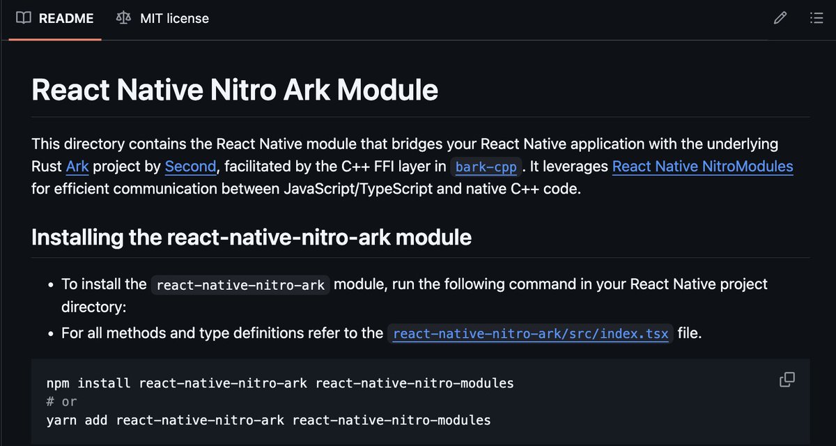 I built a React Native Ark library for anyone who wants to build cross platform Ark mobile apps with React Native. It uses the Ark implementation of <a href="/2ndbtc/">Second</a> 

The project will be maintained by me and the <a href="/BlixtWallet/">Blixt Wallet</a> team. 

It uses Pure C++ Nitro Modules so it should be very