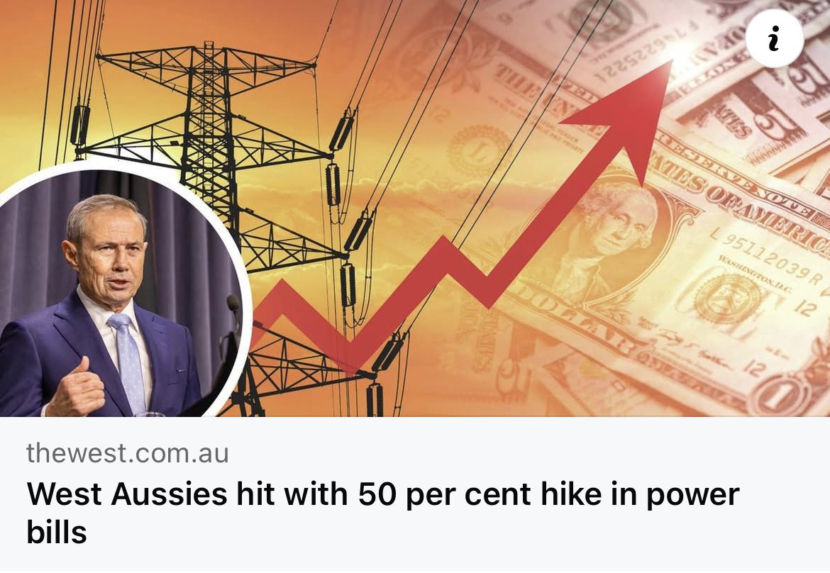 🚨 Power Price Hike Incoming 🚨

West Australians are being warned to brace for a staggering 50% increase in electricity bills starting next month.

This is the real cost of Labor’s obsession with Net Zero, ideology over practicality, and families left footing the bill.

One