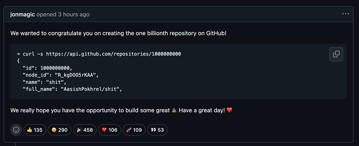quite ironic that this is the  1billionth repo created on github: github.com/AasishPokhrel/…