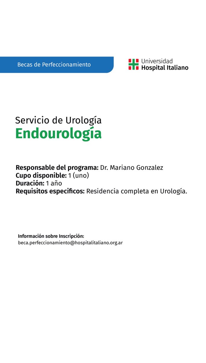 Mariano Sebastian Gonzalez (@msgonzalezuro) on Twitter photo Abierta la inscripción al Fellow de Endourología (Beca de Perfeccionamiento) del Servicio de Urología del Hospital Italiano <a href="/UroHIBA/">UroHIBA</a> <a href="/HospItalBA/">Hospital Italiano</a>
ℹ️ becas.hospitalitaliano.edu.ar/perfeccionamie….
<a href="/CAU_URO/">Confederación Americana de Urología (CAU)</a> <a href="/SauUrologia/">Sociedad Argentina de Urología🇦🇷</a> <a href="/UniversidadHIBA/">Universidad Hospital Italiano de Buenos Aires</a> Abierta la inscripción al Fellow de Endourología (Beca de Perfeccionamiento) del Servicio de Urología del Hospital Italiano <a href="/UroHIBA/">UroHIBA</a> <a href="/HospItalBA/">Hospital Italiano</a>
ℹ️ becas.hospitalitaliano.edu.ar/perfeccionamie….
<a href="/CAU_URO/">Confederación Americana de Urología (CAU)</a> <a href="/SauUrologia/">Sociedad Argentina de Urología🇦🇷</a> <a href="/UniversidadHIBA/">Universidad Hospital Italiano de Buenos Aires</a>