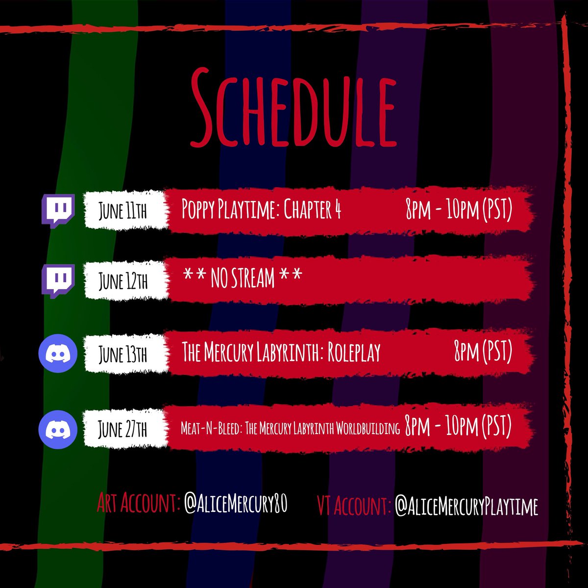 AlicePlaytime's tweet photo. The Schedule of the Week! 📅

#alicemercuryplaytime 
#alicemercuryvt  

#fyp #vtuber #stream #streamer #twitch #discoed #schedule #horror #horrorgames #clonehero #dungeonsanddragons #dnd #poppyplaytime #poppyplaytimechapter4 #poppyplaytime4 #roleplay #rp https://t.co/CUORQUuSvi