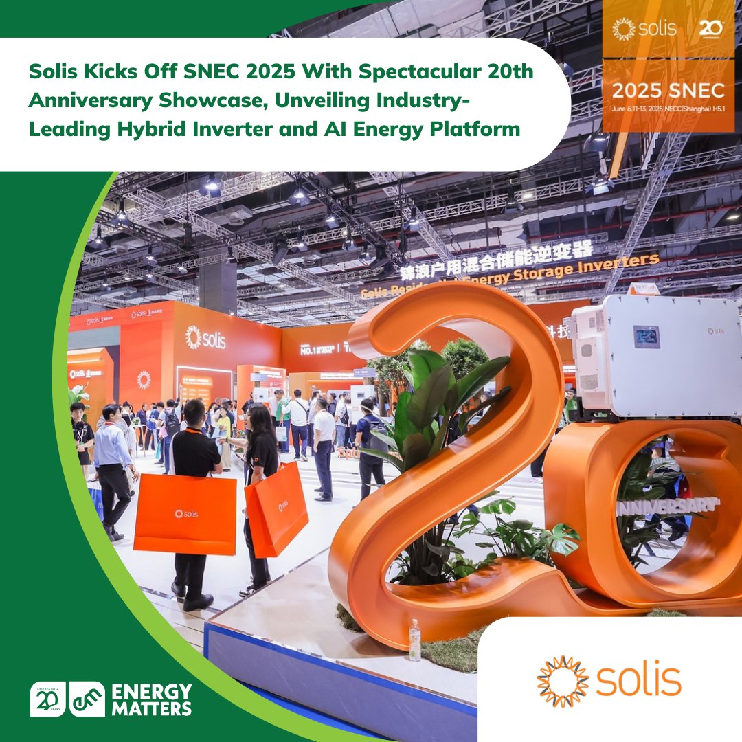 <a href="/Solis_Inverters/">Solis</a> launched its 20th anniversary in style at SNEC 2025, debuting a 125kW hybrid inverter and AI-powered SolisCloud Smart Energy Assistant to global acclaim.

MORE 👉 energymatters.com.au/renewable-news…