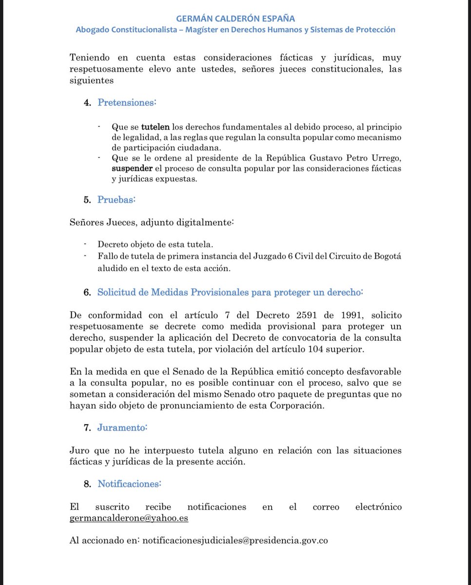 Atención: Ya fue presentada la primera acción de tutela ante el <a href="/consejodeestado/">Consejo de Estado</a> pidiendo suspender provisionalmente y luego amparar los derechos del tutelante y que se caiga de manera definitiva la consulta popular expedida vía decreto por el gobierno del presidente