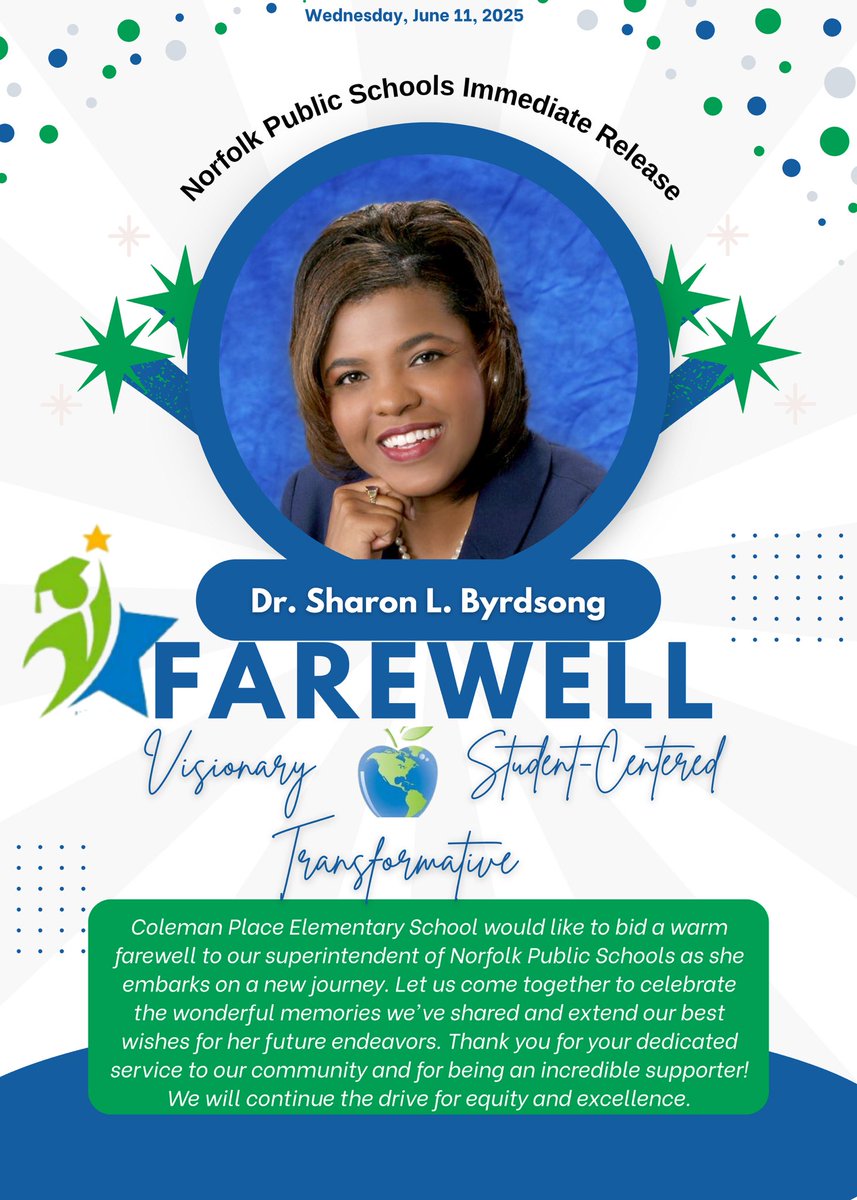 Dr. Byrdsong is concluding her 6-year tenure as Superintendent of Schools at #NPS. Her visionary &amp; transformative leadership brought significant gains in literacy, teacher compensation, &amp; student support. We thank her for her immense dedication to our students and community.