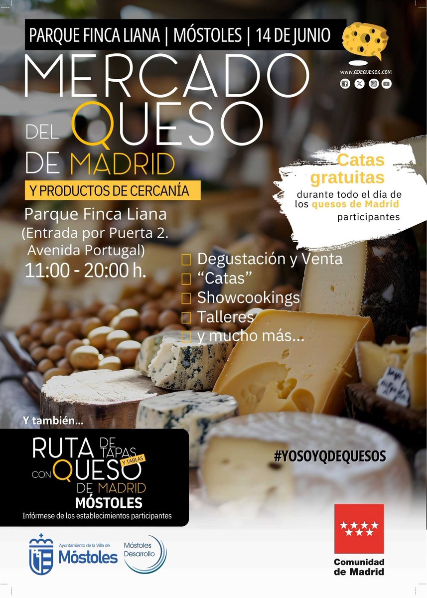 Q de Quesos (@qdequesos) on Twitter photo Eres quesero, tienes una cita con los quesos de la <a href="/ComunidadMadrid/">Comunidad de Madrid</a>
📆Sábado 14 de junio
⏱️de 11 a 20 horas
📌Mercado del Queso y productos de cercanía
▶️Parque Finca Liana en <a href="/AytoMostoles/">Ayuntamiento de Móstoles</a>
Venta de quesos y otros productos agroalimentarios <a href="/mostdesarrollo/">MÓSTOLES DESARROLLO</a>
Entrada gratuita Eres quesero, tienes una cita con los quesos de la <a href="/ComunidadMadrid/">Comunidad de Madrid</a>
📆Sábado 14 de junio
⏱️de 11 a 20 horas
📌Mercado del Queso y productos de cercanía
▶️Parque Finca Liana en <a href="/AytoMostoles/">Ayuntamiento de Móstoles</a>
Venta de quesos y otros productos agroalimentarios <a href="/mostdesarrollo/">MÓSTOLES DESARROLLO</a>
Entrada gratuita