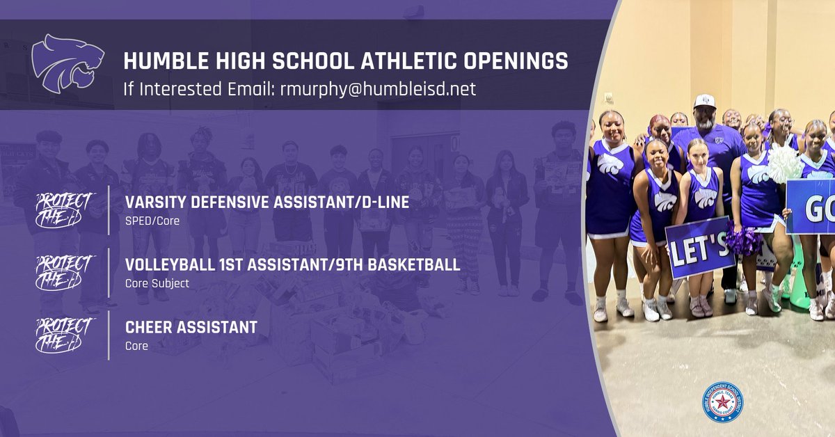 Robert Murphy (@coach_robmurphy) on Twitter photo <a href="/HumbleISD_HHS/">Humble High School</a> <a href="/FootballHumble/">Humble Wildcats FB</a> <a href="/Humble_VBall/">Humble Volleyball</a> is hiring!!!! We are looking for the following positions in our athletic department. Must have CDL or be willing to obtain one. If interested please email rmurphy@humbleisd.net
Volleyball 1st Assistant/9th Basketball (Core Subject) <a href="/HumbleISD_HHS/">Humble High School</a> <a href="/FootballHumble/">Humble Wildcats FB</a> <a href="/Humble_VBall/">Humble Volleyball</a> is hiring!!!! We are looking for the following positions in our athletic department. Must have CDL or be willing to obtain one. If interested please email rmurphy@humbleisd.net
Volleyball 1st Assistant/9th Basketball (Core Subject)