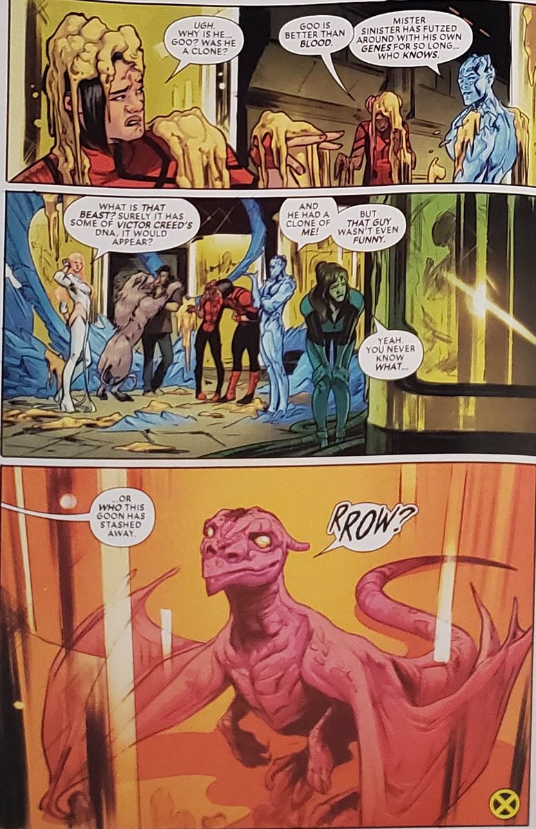 #XSpoilers

Axo helps save Emma from Sinister by reentering the same device that was amplifying his abilities. Loved Axo's lines, "Charles Dickens meets serial-killer aesthetic". The kids and the X-Men destroy Sinister and Lockheed returns as one of Sinisters caged experiments.