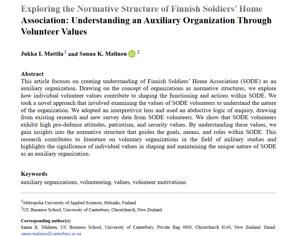 AFS_SAGE's tweet image. From our new issue: Exploring the Normative Structure of Finnish Soldiers’ Home Association: Understanding an Auxiliary Organization Through Volunteer Values - Jukka I. Mattila, Sanna K. Malinen, 2025 #NewIssue …urnals-sagepub-com.lib-e2.lib.ttu.edu/doi/full/10.11…