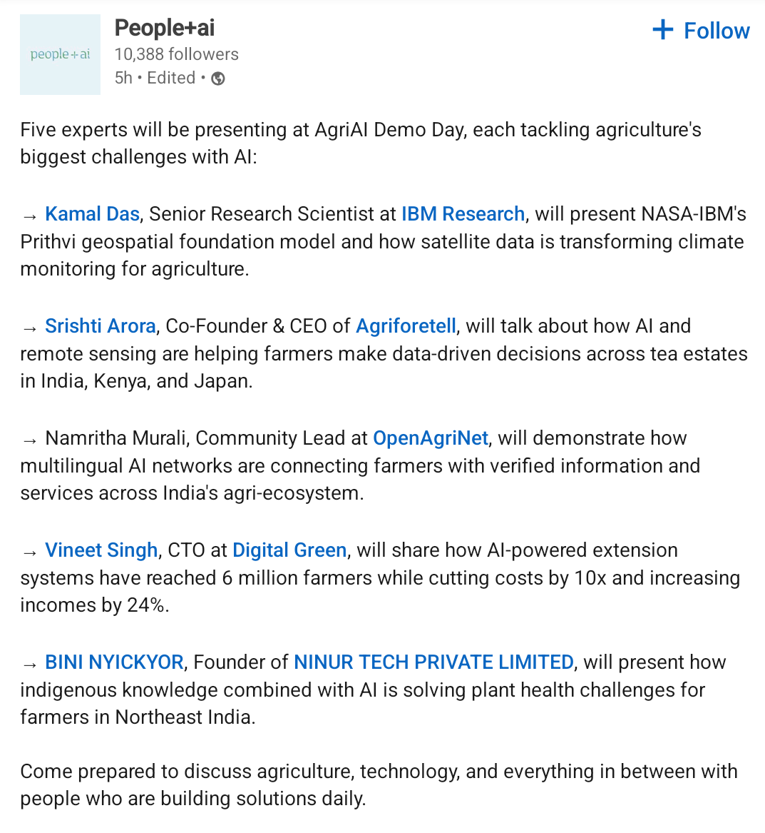 BNyickyor's tweet photo. Honoured to represent NINUR TECH at AgriAI Demo Day, Bangalore. Where among some of the brightest minds in AI and agriculture. 
Grateful  for the platform People+ AI.
#Arunachalpradesh #AgriTech #Ai #NorthEast https://t.co/ssfEukJlYw
