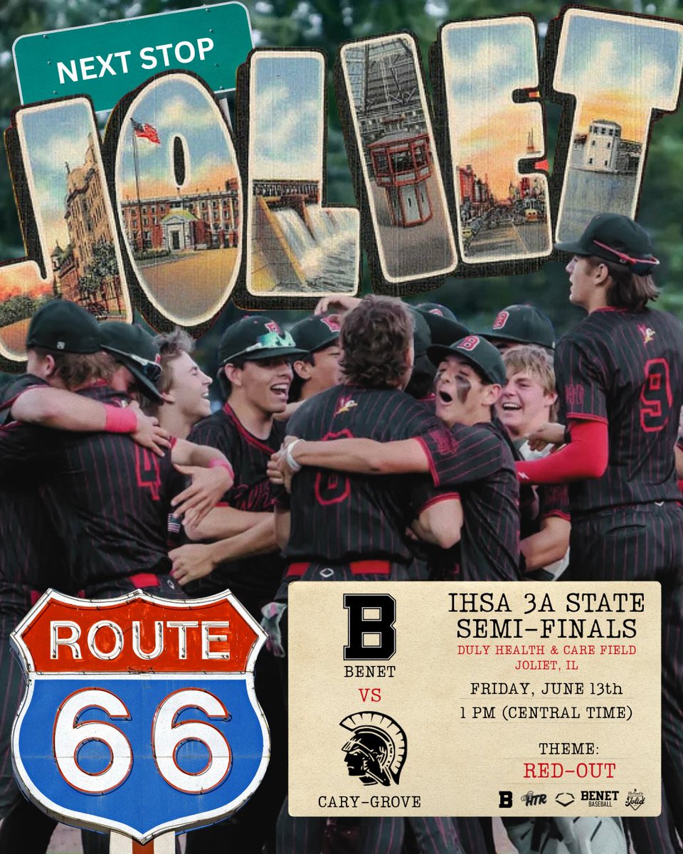 Our Benet Boys Varsity Baseball Team is on a mission for the STATE TITLE and they need YOU in the stands‼️

Let’s pack the stands, bring the energy, and cheer them on to victory! 📣

They will play in the IHSA State Semi-Final on Friday @ 1PM VS Cary Grove at Duly Health and Care