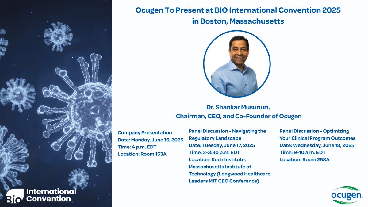 Ocugen (@ocugen) on Twitter photo We’re headed to #BIO2025 in Boston! Our CEO, Dr. Shankar Musunuri, will highlight how our modifier gene therapy platform aims to rewrite the future of rare disease treatment. <a href="/IAmBiotech/">Biotechnology Innovation Organization</a>
🔗 bit.ly/3HA7wAe.
#Ocugen #ModiferGeneTherapy We’re headed to #BIO2025 in Boston! Our CEO, Dr. Shankar Musunuri, will highlight how our modifier gene therapy platform aims to rewrite the future of rare disease treatment. <a href="/IAmBiotech/">Biotechnology Innovation Organization</a>
🔗 bit.ly/3HA7wAe.
#Ocugen #ModiferGeneTherapy