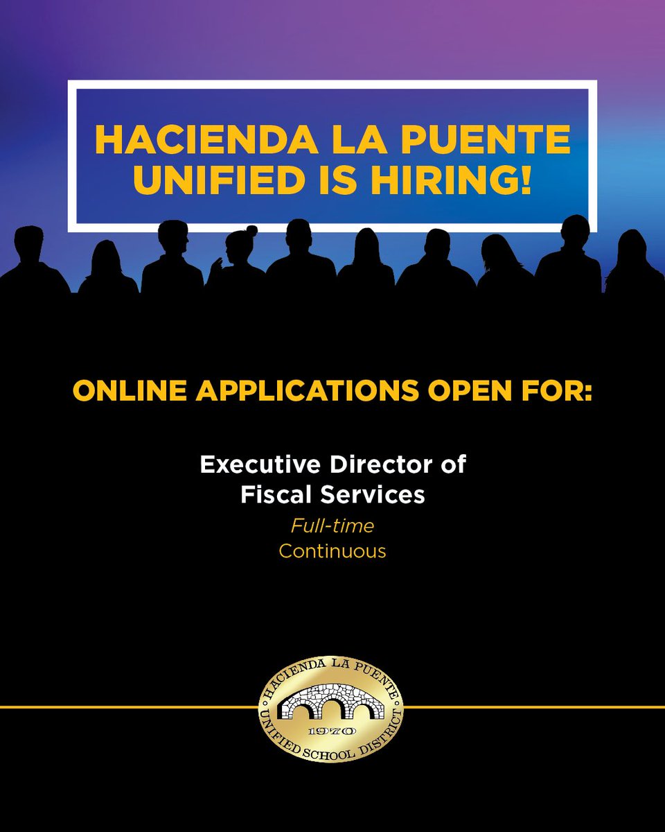 Make an impact in your community by joining the Hacienda La Puente Unified School District team! Start and grow your career with us while making a difference in public education.

For more information on salary, benefits, and details, visit: bit.ly/HLPUSDJOBS