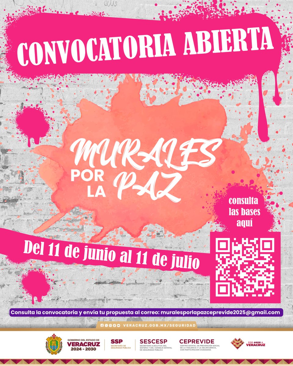 📢 #QueNoSeTePase | A través del #CEPREVIDE lanzamos la convocatoria #MuralesPorLaPaz 🕊️ para que jóvenes de nivel medio superior expresen, con arte, un mensaje de paz y no violencia.

Consulta bases 👉 veracruz.gob.mx/seguridad/mura…

❤️ Nuestra Misión es Preservar tú Seguridad