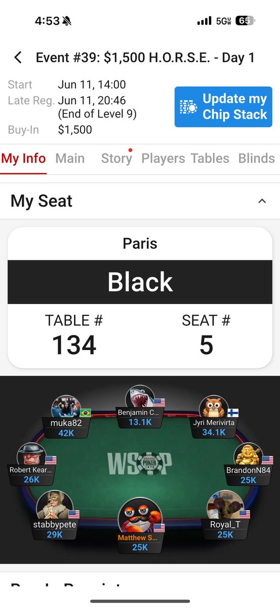 SamENoleWSOP's tweet photo. Just got to my seat in the WSOP $1500 🐎. 

25k chips to start. https://t.co/H2XDnUGjKM