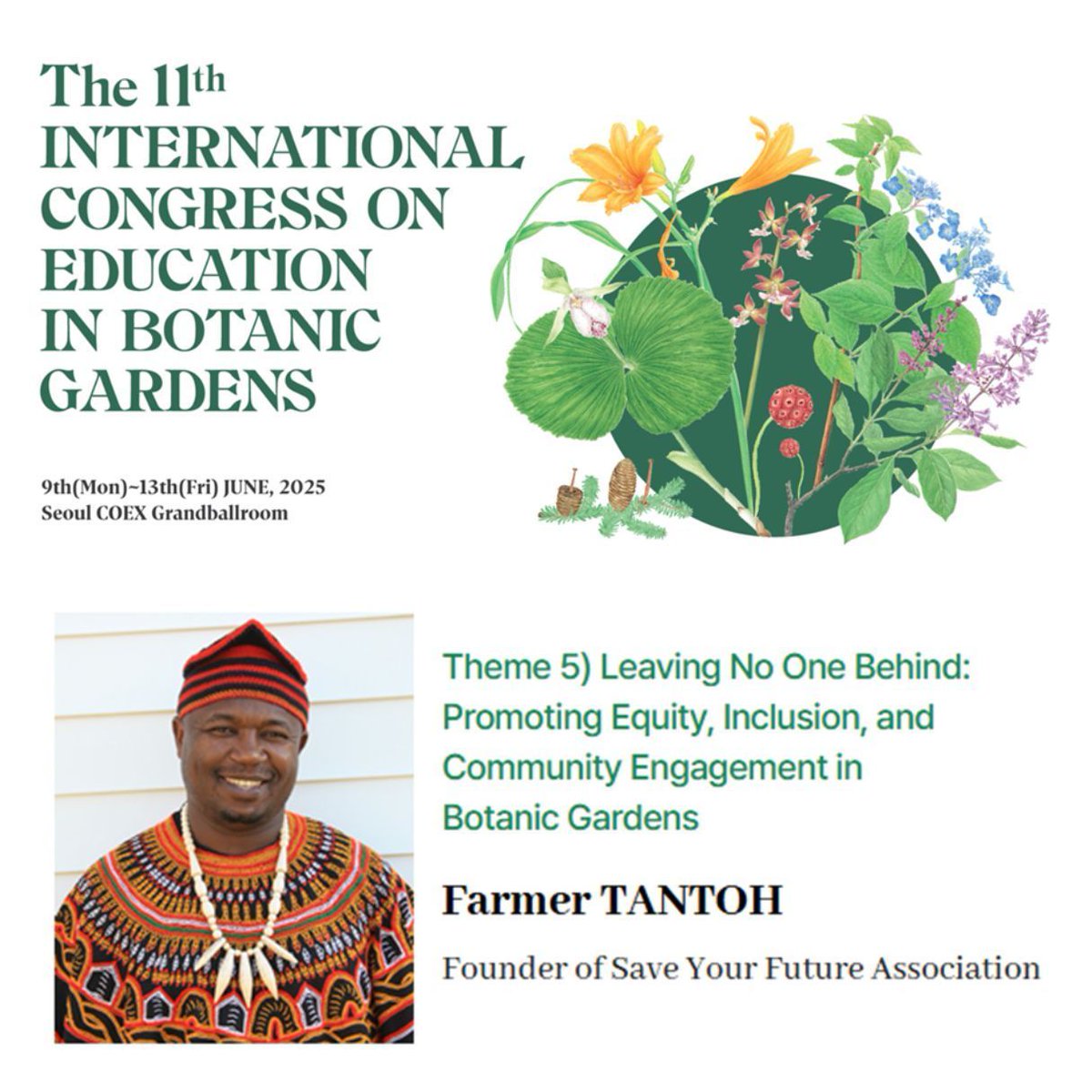 On the last official day of the 11th ICEBG congress we will listen to speaker Farmer Tantoh from Save your Future from Cameroon who will give a plenary talk about Leaving no one behind: Promoting equity, inclusion and community engagement in botanic gardens.