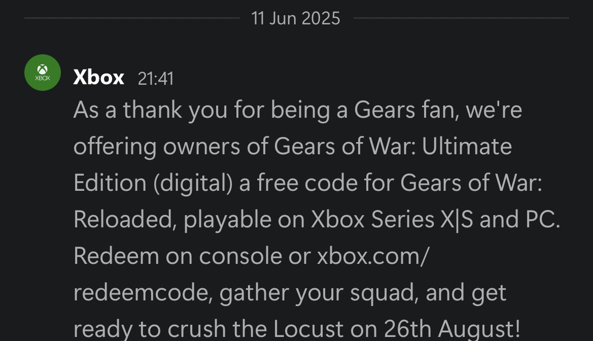 I bought Gears Of War Ultimate Edition in 2015 on Disk.

And I just received a Free Copy for Gears Of War Reloaded

As a fan of Gears since 2006, Thanks Xbox