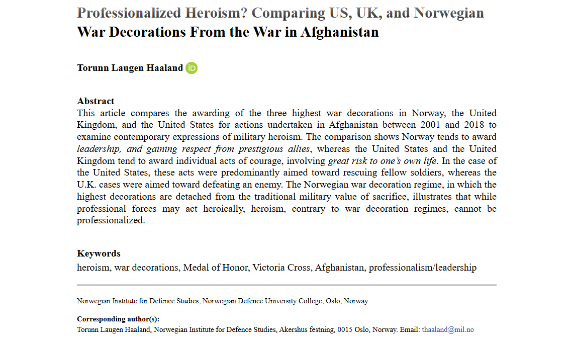 AFS_SAGE's tweet image. From our new issue: Professionalized Heroism? Comparing US, UK, and Norwegian War Decorations From the War in Afghanistan - Torunn Laugen Haaland, 2025 #NewIssue …urnals-sagepub-com.lib-e2.lib.ttu.edu/doi/full/10.11…