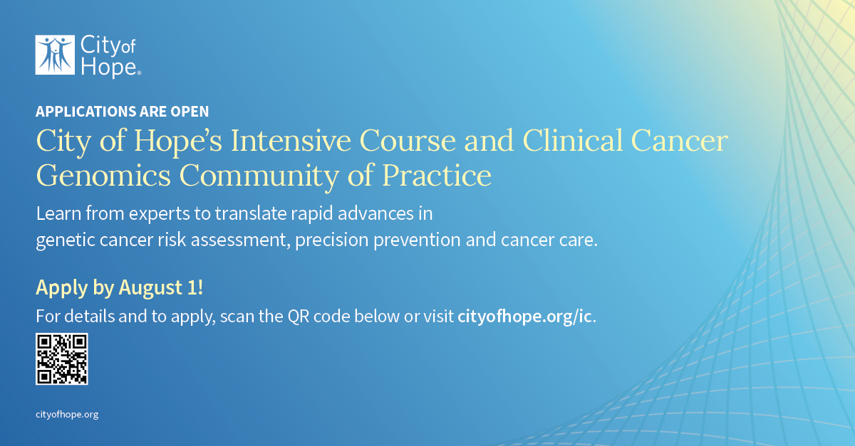 CGA-IGC (@cgaigc) on Twitter photo 📢We're thrilled to have a partnership with <a href="/cityofhope/">City of Hope</a>'s Clinical Cancer Genetics Community of Practice (CCGCoP) that will benefit our members.
➡️Applications for <a href="/cityofhope/">City of Hope</a> CME/CEU/MOC-accredited Intensive Course in Genetic Cancer Risk Assessment are now open!
➡️The 📢We're thrilled to have a partnership with <a href="/cityofhope/">City of Hope</a>'s Clinical Cancer Genetics Community of Practice (CCGCoP) that will benefit our members.
➡️Applications for <a href="/cityofhope/">City of Hope</a> CME/CEU/MOC-accredited Intensive Course in Genetic Cancer Risk Assessment are now open!
➡️The