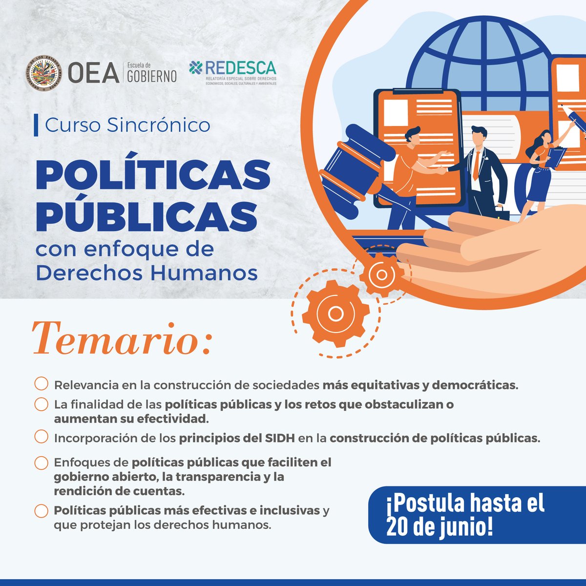 🎓Curso virtual: #PolíticasPúblicas 
Aprende a integrar una mirada de derechos humanos en cada etapa del ciclo de las políticas públicas y fortalece tu capacidad de incidencia.
🗓️Fechas: 1 de julio-7 de agosto
💻Modalidad: 12 sesiones virtuales
🔗Más info: oas.org/ext/es/princip…