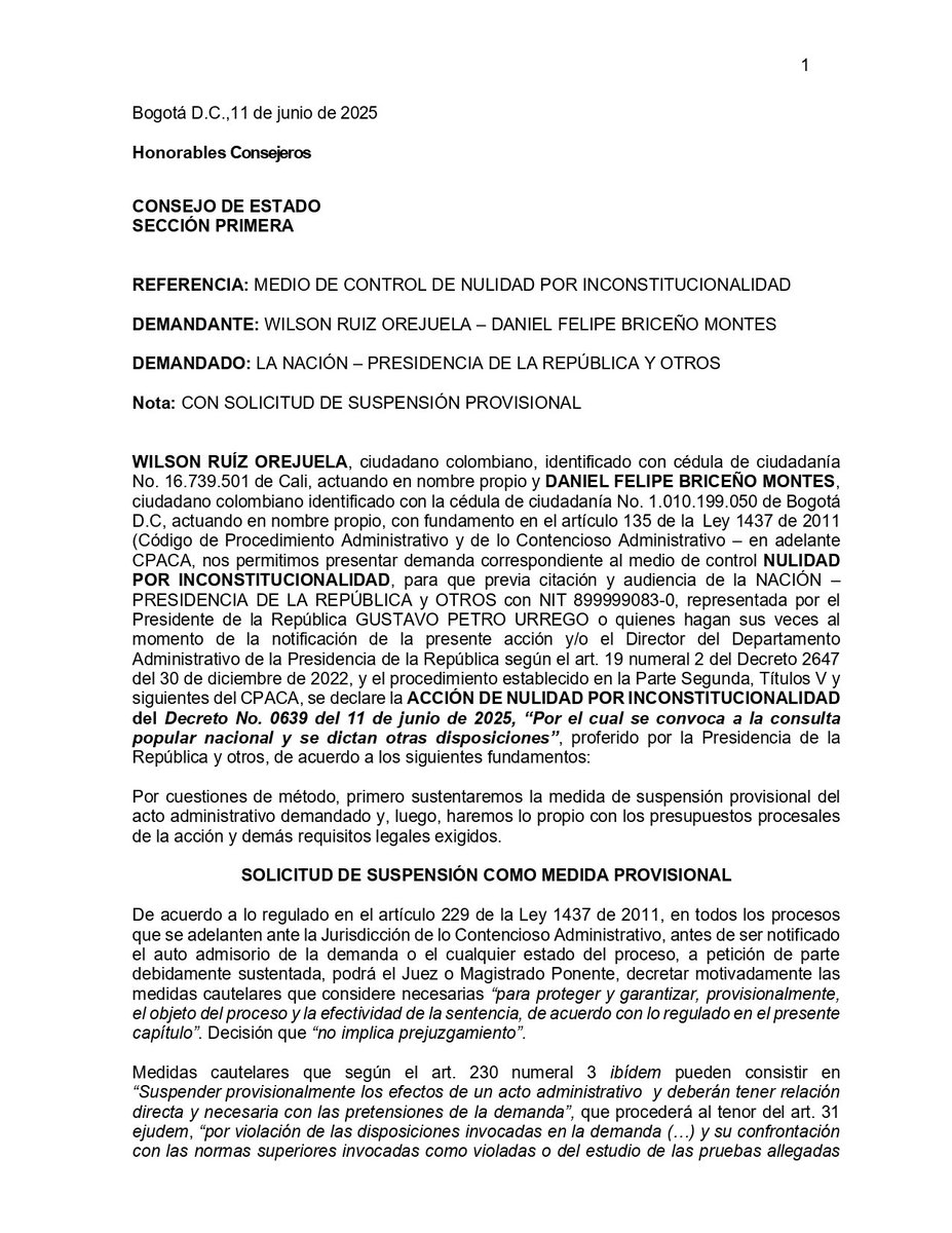 Wilson Ruiz Orejuela (@wilsonruizo) on Twitter photo #ATENCIÓN | Junto al concejal <a href="/Danielbricen/">Daniel F. Briceño</a> demandamos el decreto con el que Petro insiste en hacer una consulta popular que el Senado ya le negó. No podemos normalizar el chantaje presidencial: “aprueban mi reforma o decretazo”. Saltarse al Congreso es romper la Constitución. #ATENCIÓN | Junto al concejal <a href="/Danielbricen/">Daniel F. Briceño</a> demandamos el decreto con el que Petro insiste en hacer una consulta popular que el Senado ya le negó. No podemos normalizar el chantaje presidencial: “aprueban mi reforma o decretazo”. Saltarse al Congreso es romper la Constitución.