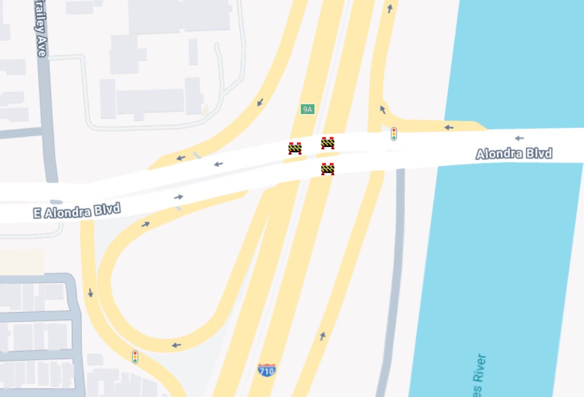 Traffic Advisory: Alondra Blvd road closure in effect for all on and off ramps to I-710 NB and SB freeway.