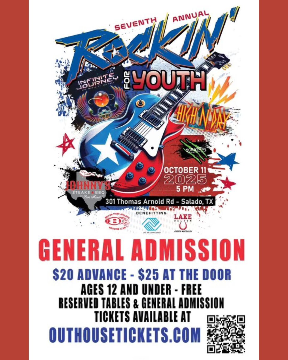 7th Annual Rockin For Youth w/ Infinite Journey, High N Dry, and Scratch 3 🎸

Benefits the Clements Boys and Girls Club, the Belton Tiger Athletic Booster Club, and the Lake Belton Athletic Booster Club
📅 Oct 11, 2025 
⏰ Gates open at 5:00pm 
📍Johnny's Steaks &amp; Bar-Be-Que