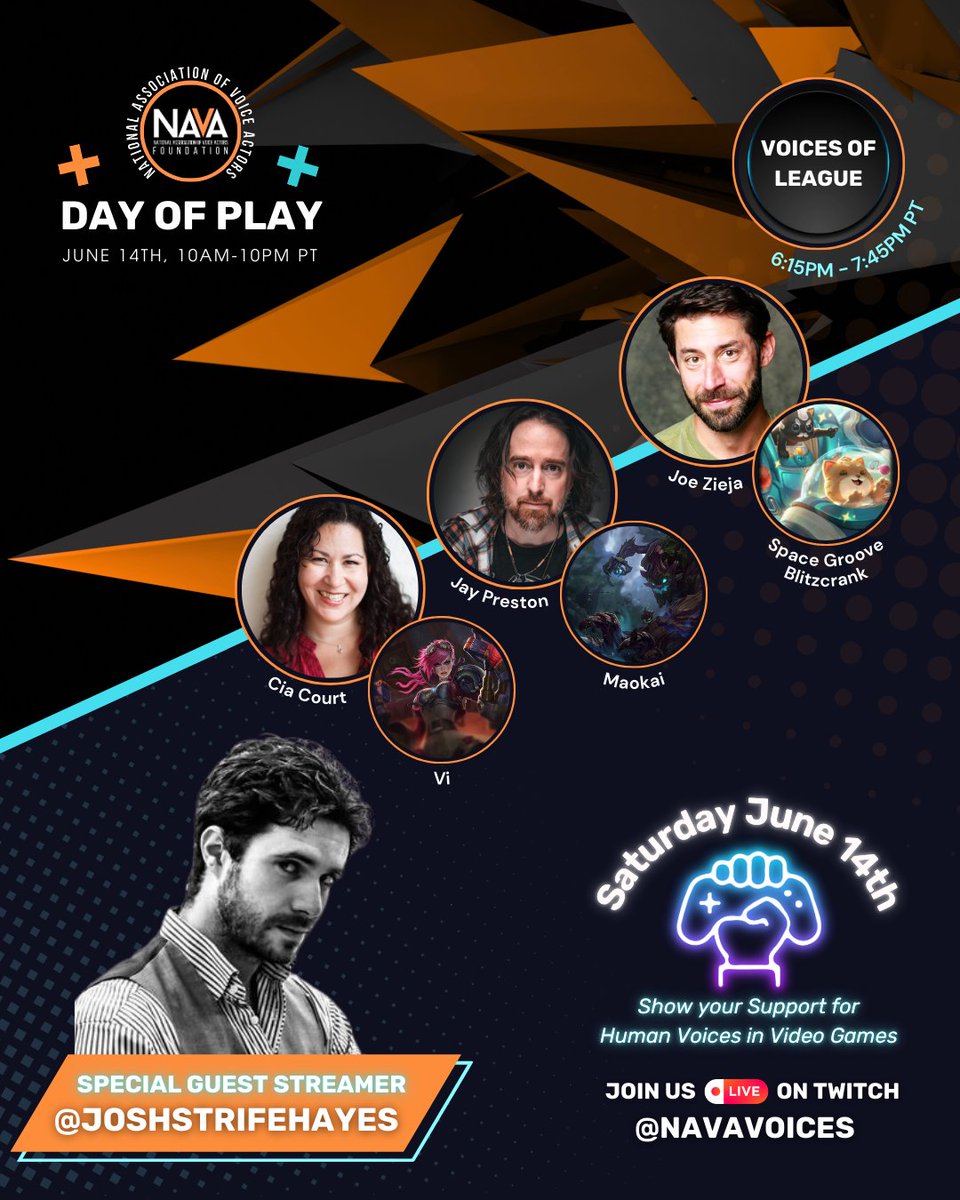 We’re back for another NAVA Day of Play! Join us this Saturday from 10am to 10pm and catch your fave streamers and voice actors! By joining, you’re helping us keep human voices in your favorite video games!  
twitch.tv/navavoices

@navavoices <a href="/JoshStrifeHayes/">Josh Strife Hayes</a> #LeagueofLegends