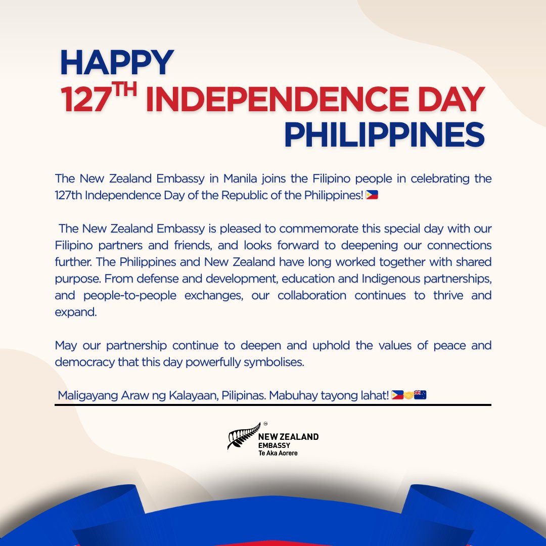 We join the Filipino people in celebrating the 127th Independence Day! 🇵🇭 We commemorate this special day with our Filipino partners &amp; friends. May our partnership continue to deepen and uphold the values of peace and democracy that this day powerfully symbolises.