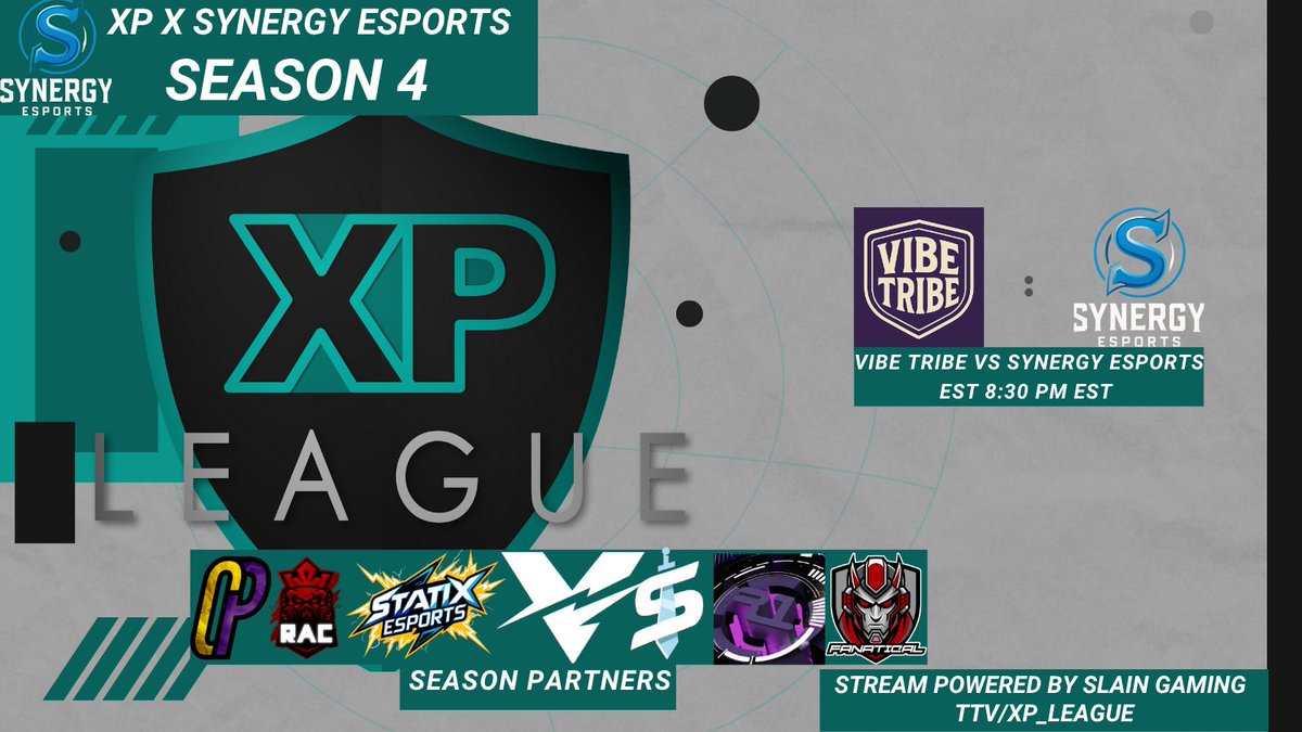 XP League (@xp_leagues) on Twitter photo 🟣XP x <a href="/SynEsportsgg/">SynergyEsports</a> Season 4🟣
Group Stage
Vibe Tribe 🆚 <a href="/SynEsportsgg/">SynergyEsports</a>
🎙: <a href="/Spirometry_/">Spirometry</a>
🎥: <a href="/xCrunchify/">xCrunchify</a>
📺: twitch.tv/xp_league
🔋Stream Powered By <a href="/SlainGGs/">SLAiN Gaming</a>
🚨Sponsors Powered by <a href="/Phant0mLegion/">Carolina Phantoms Esports</a> <a href="/RoyalArmyClan_/">Royal Army Clan</a> <a href="/Statix_esports/">Statix eSports</a> <a href="/VeriphyGG/">Veriphy Gaming | #VeriphyNation</a> <a href="/WeAreR1Gaming/">R1 Gaming</a> <a href="/FanaticalGG/">Fanatical Esports</a> 🟣XP x <a href="/SynEsportsgg/">SynergyEsports</a> Season 4🟣
Group Stage
Vibe Tribe 🆚 <a href="/SynEsportsgg/">SynergyEsports</a>
🎙: <a href="/Spirometry_/">Spirometry</a>
🎥: <a href="/xCrunchify/">xCrunchify</a>
📺: twitch.tv/xp_league
🔋Stream Powered By <a href="/SlainGGs/">SLAiN Gaming</a>
🚨Sponsors Powered by <a href="/Phant0mLegion/">Carolina Phantoms Esports</a> <a href="/RoyalArmyClan_/">Royal Army Clan</a> <a href="/Statix_esports/">Statix eSports</a> <a href="/VeriphyGG/">Veriphy Gaming | #VeriphyNation</a> <a href="/WeAreR1Gaming/">R1 Gaming</a> <a href="/FanaticalGG/">Fanatical Esports</a>