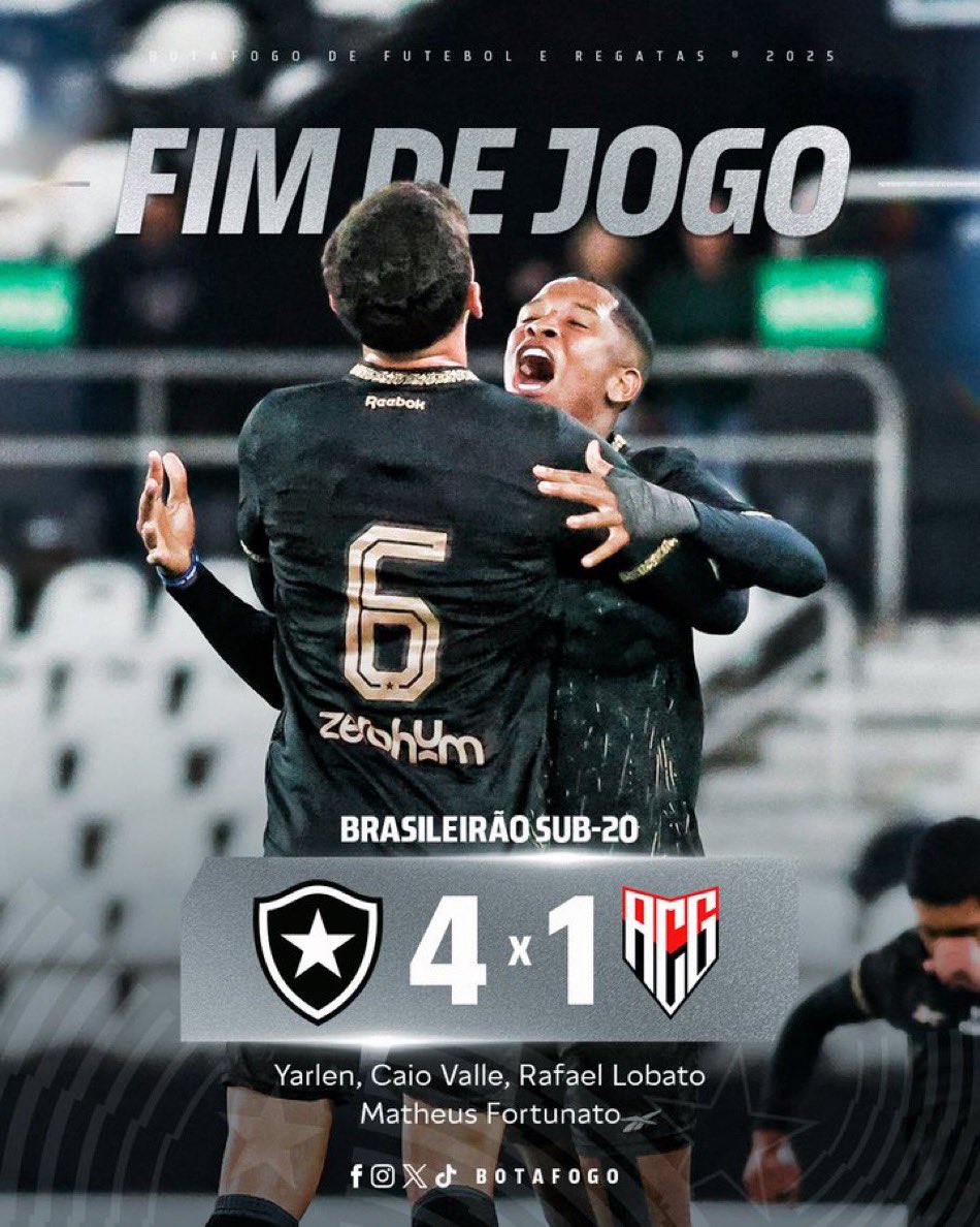oBotafoguista's tweet image. 🎯 Vitória com show!
O Botafogo goleou o Atlético-GO por 4 a 1 no Nilton Santos e se aproxima do G-8 no Brasileirão Sub-20!
🔥 Agora é o 10º, com 19 pontos — só um atrás da zona de classificação.
#BaseForte #Botafogo

⚽️ Yarlen
⚽️ Caio Valle
⚽️ Rafael Lobato
⚽️ Matheus Fortunato