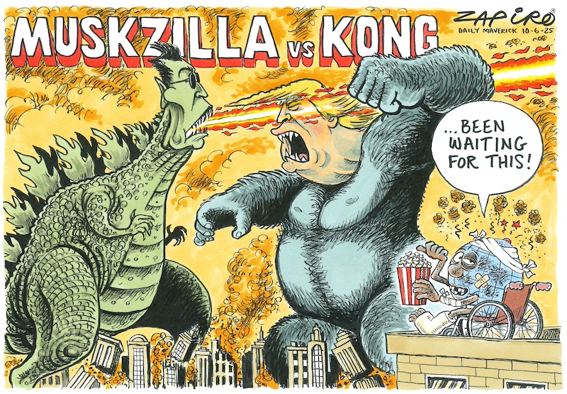 zapiro's tweet image. Zapiro cartoon published on @dailymaverick (10 June 2025) on About-face @realDonaldTrump @elonmusk - zapiro.com/250610dm
