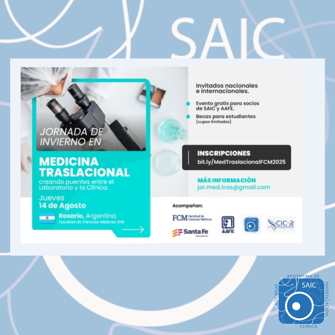 Jornada de invierno

📆Fecha: 14 de agosto 2025
🚶‍♀️Presencial. Rosario
💸Arancel: actividad no arancelada para miembros de SAIC y AAFE
Otros asistentes: arancelada con un costo de $10000 (otorga certificación)

bit.ly/MedTraslaciona…

#jornada
#medicinatraslacional