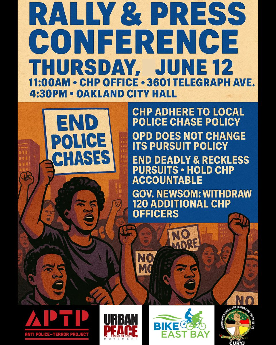 Oakland: We need you this Thursday. Dr. Marvin Boomer was killed by a reckless CHP chase in East Oakland—the 2nd in months. Come out and demand CHP out of our city + no changes to OPD’s chase policy. 11AM @ 3601 Telegraph, 4:30PM @ City Hall. Pull up + spread the word.