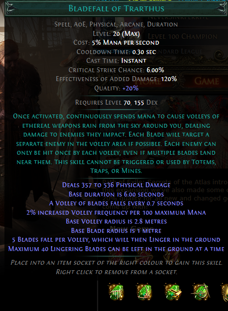 NeverSinkDev's tweet photo. The announced trarthus gems are pretty amazing.
However, one of them clearly outshines everything else for me:

A sustained spell, scaling with max mana and letting blades linger?

This is the stuff dreams are made off for build makers in PoE https://t.co/zikZm3RHf1