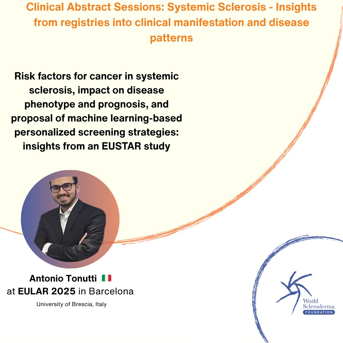 📊 Today at #EULAR2025 | 10:30–12:00 CEST
📍 Room 6.4
🗂️ Oral Abstracts: Insights from Registries in SSc
💡 Early indicators, antibody phenotypes, calcinosis, cancer risk, &amp; AI-driven screening
Speakers: Di Donato | Colic | Moschetti | Guler | Tonutti
#Scleroderma #EUSTAR #WSF