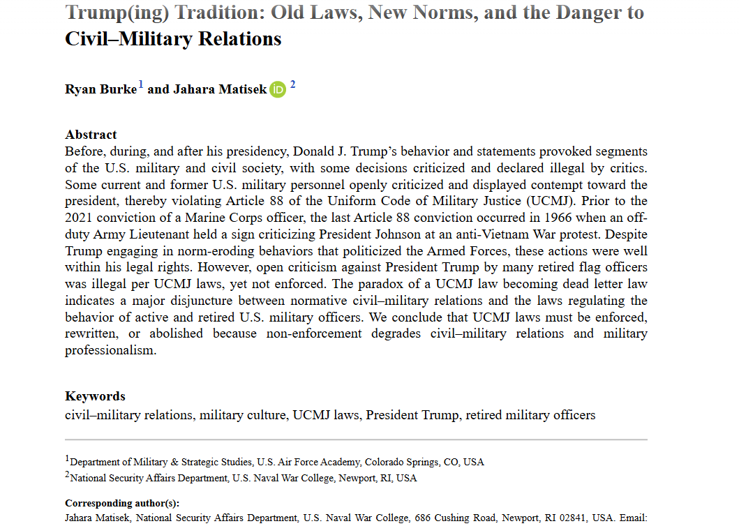 AFS_SAGE's tweet image. From our new issue: Trump(ing) Tradition: Old Laws, New Norms, and the Danger to Civil–Military Relations - Ryan Burke (@BurkeRyanP), Jahara Matisek (@JaharaMatisek), 2025 #NewIssue …urnals-sagepub-com.lib-e2.lib.ttu.edu/doi/full/10.11…