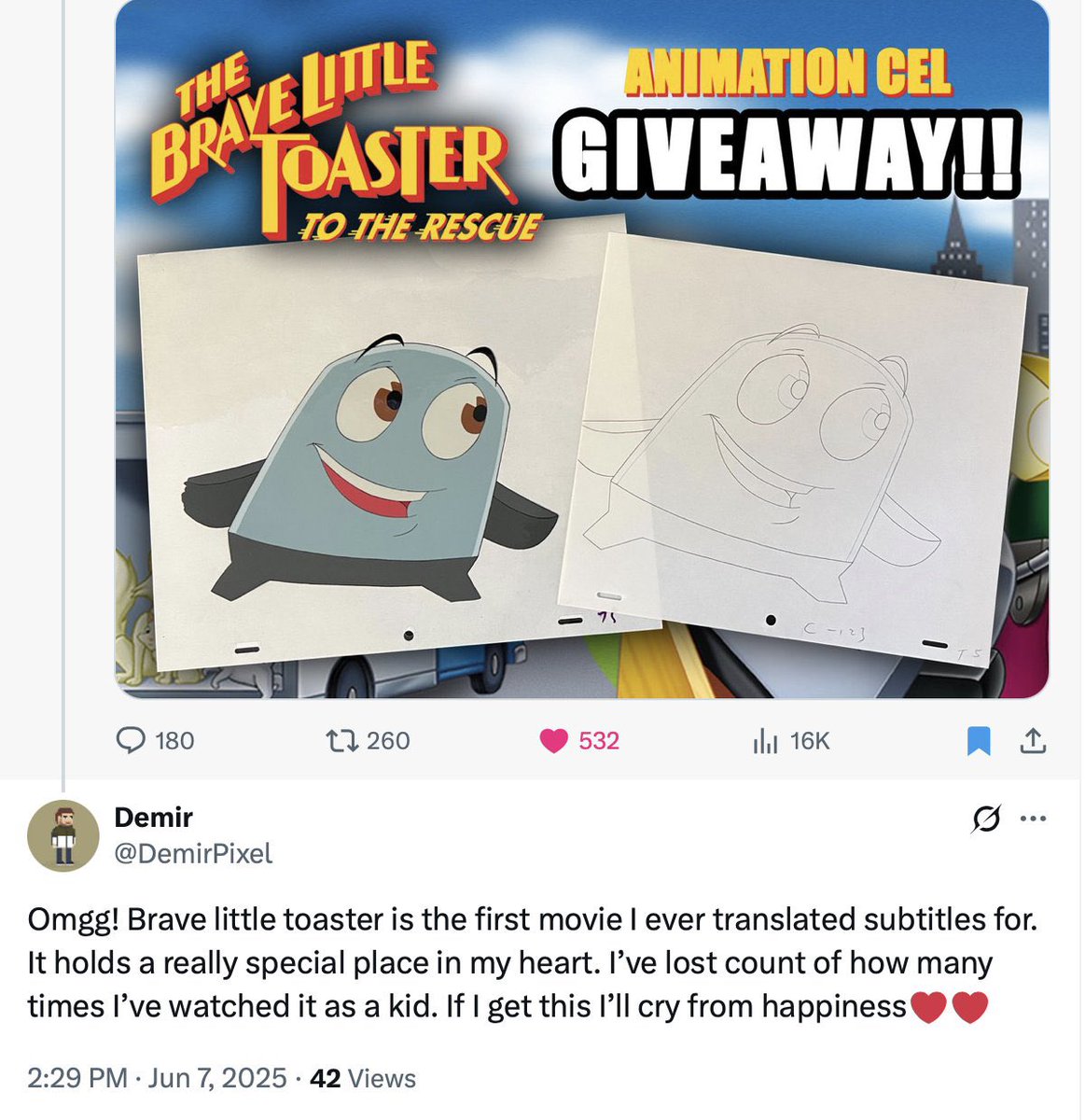 artoflavallelee's tweet image. A BIG CONGRATULATIONS TO @DemirPixel !!!!! You win the Brave Little Toaster Giveaway! I will be messaging you soon to get your details. I think I will do more giveaways soon, this was GREAT!