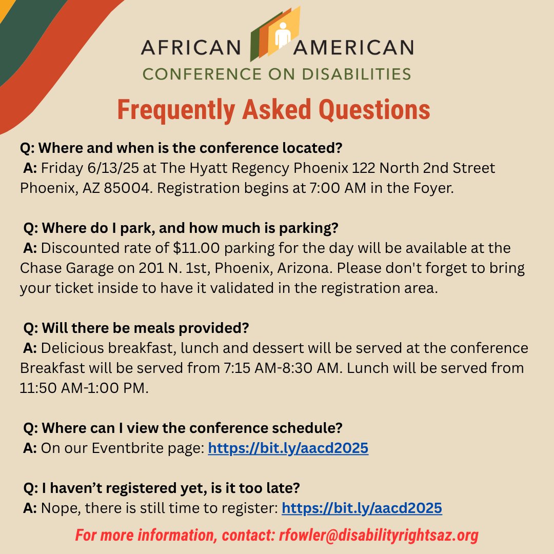 DRightsArizona's tweet image. The AACD is only two days away!
And with a conference comes questions that you may have about the day. See our FAQ for answers or leave your comment below!
#AACD2025