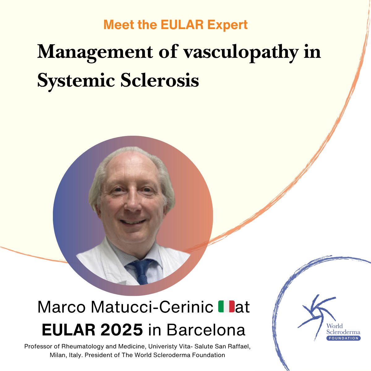 🤝 Meet the Expert at #EULAR2025!
📍 Expert Room 2
🎓 Prof. Marco Matucci-Cerinic 🇮🇹 on Managing Vasculopathy in SSc
💡 Deep dive into diagnostics, treatment &amp; real-world care strategies.
Don’t miss this interactive session!
#Scleroderma #WSF #Rheumatology #SystemicSclerosis
