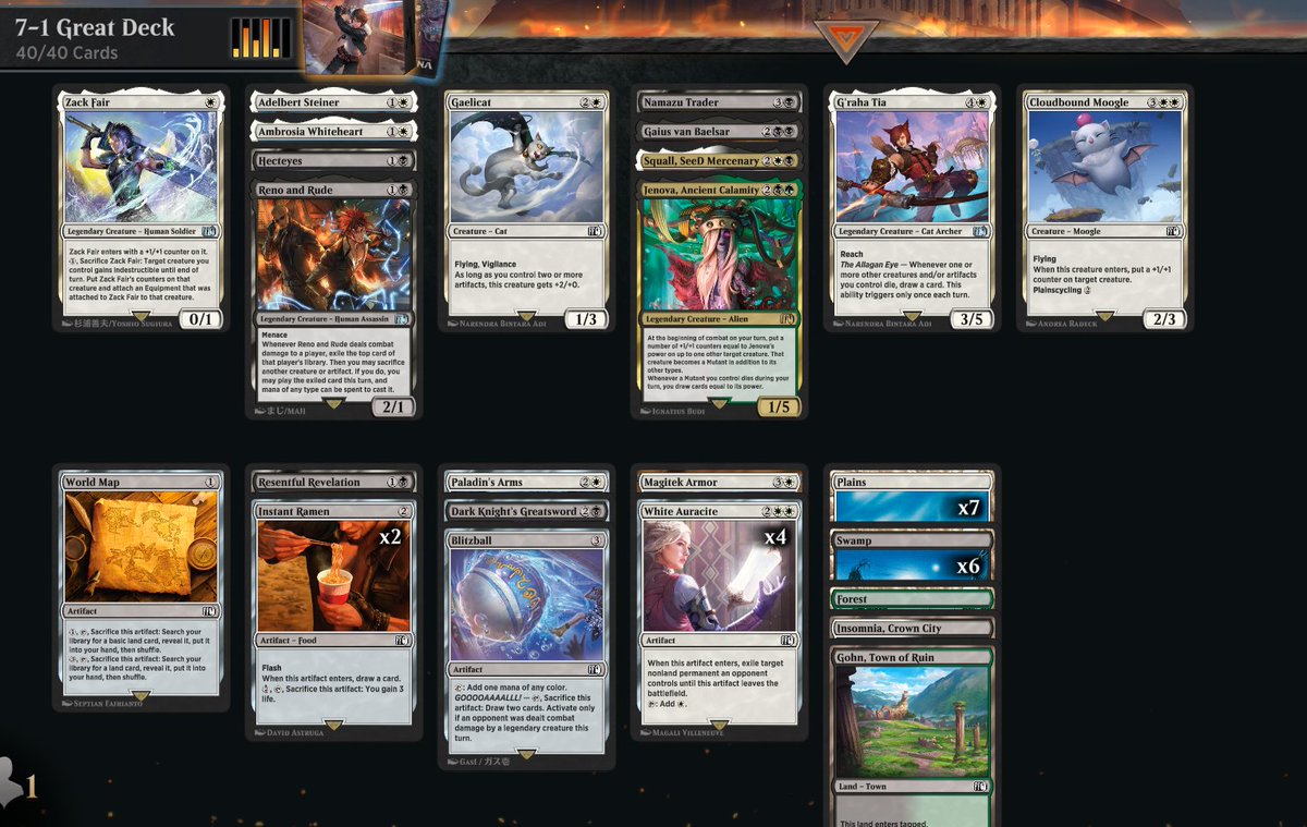 Favorite deck I've drafted of the format, every card was excellent. Squall remains undefeated, not come close to losing a game when he connects (because of blitzball wombo combo)