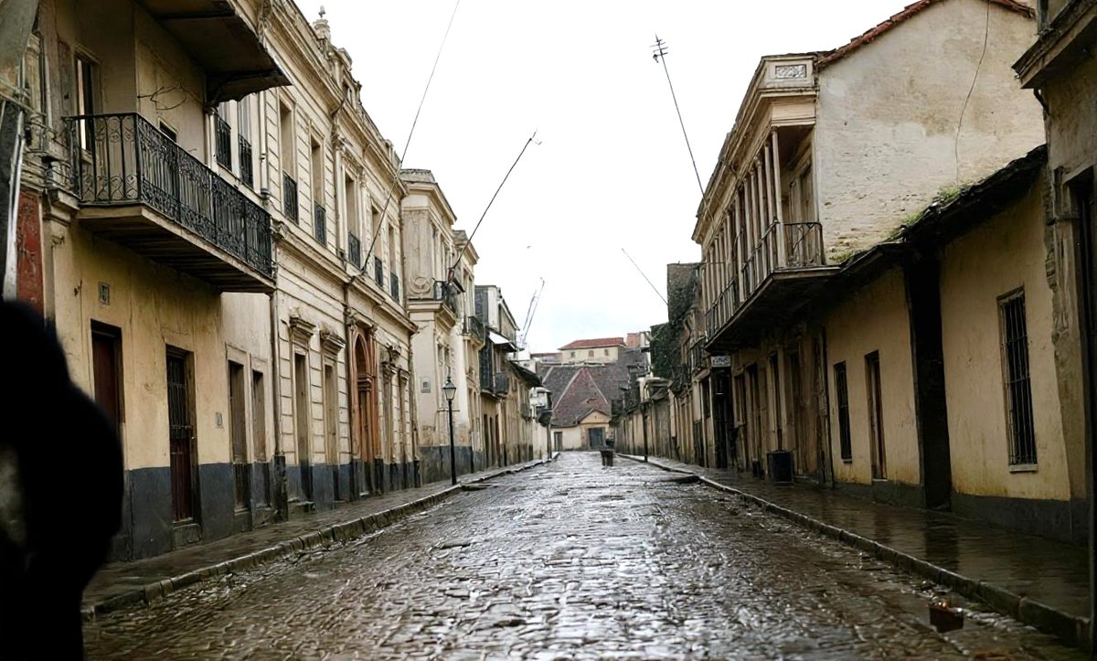 alb0black's tweet photo. Vista de calle Huérfanos en un día de lluvia, de fondo el cerro Santa Lucía.
Santiago de Chile, año 1864.
#temporal #Lluvia https://t.co/Lfjabz7jRh
