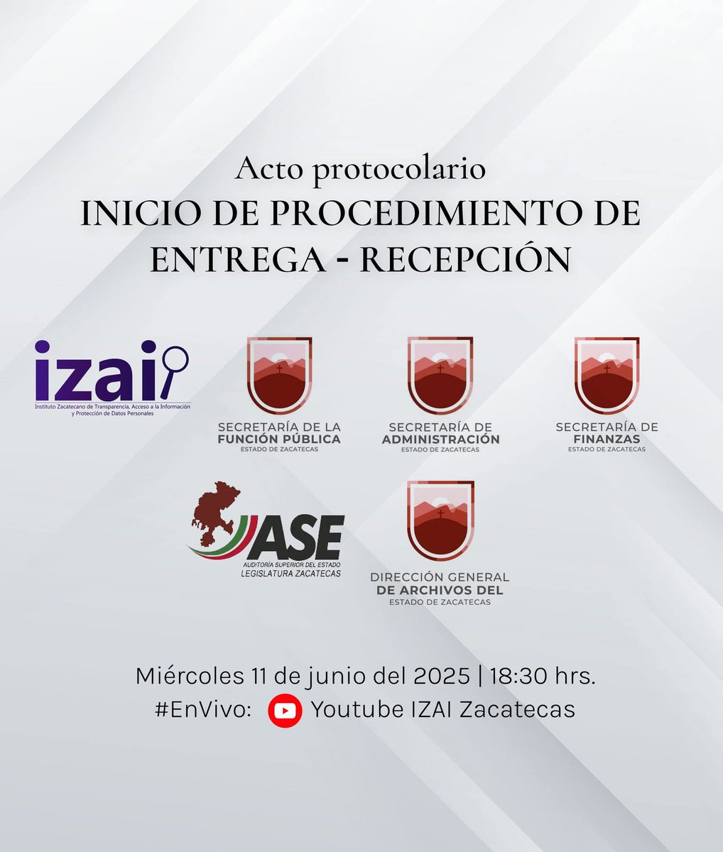 #EnUnosMinutos 🟣 Comienza el acto protocolario del inicio de procedimiento de Entrega - Recepción, con la presencia del Comité de Transición que integran el IZAI, la <a href="/SFP_Zac/">Secretaría de la Función Pública</a>, <a href="/AdminZac/">Secretaría de Admón.</a>, <a href="/SEFIN_Zac/">@SEFIN_Zac</a>, así como el acompañamiento de la Auditoría Superior del Estado y la