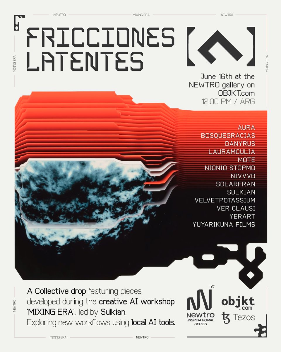 FRICCIONES LATENTES 💫
Collective drop featuring pieces developed during the MIXING ERA: Local &amp; Creative Generative AI Workshop, led by <a href="/Sulki4n/">Sulkian</a>. 

This collective practice unfolds in an indeterminate territory, a suspended space where images have not yet fully formed, and begin