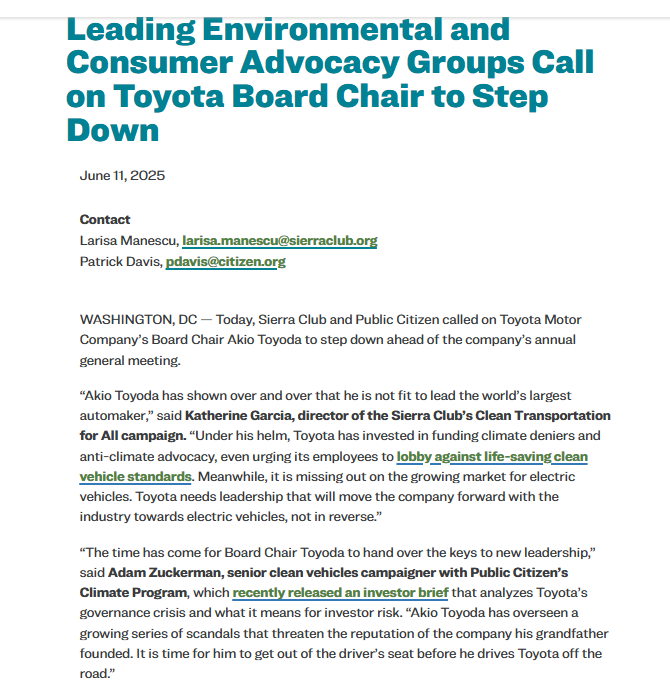 Adam Zuckerman (@adam_zuck) on Twitter photo Ahead of <a href="/ToyotaMotorCorp/">Toyota Motor Corp.</a>'s shareholder meeting, <a href="/SierraClub/">Sierra Club</a> and <a href="/Public_Citizen/">Public Citizen</a> have called on Toyota's notoriously anti-climate board chair to step down.
It is time for him to get out of the driver's seat before he drives Toyota off the road. Ahead of <a href="/ToyotaMotorCorp/">Toyota Motor Corp.</a>'s shareholder meeting, <a href="/SierraClub/">Sierra Club</a> and <a href="/Public_Citizen/">Public Citizen</a> have called on Toyota's notoriously anti-climate board chair to step down.
It is time for him to get out of the driver's seat before he drives Toyota off the road.
