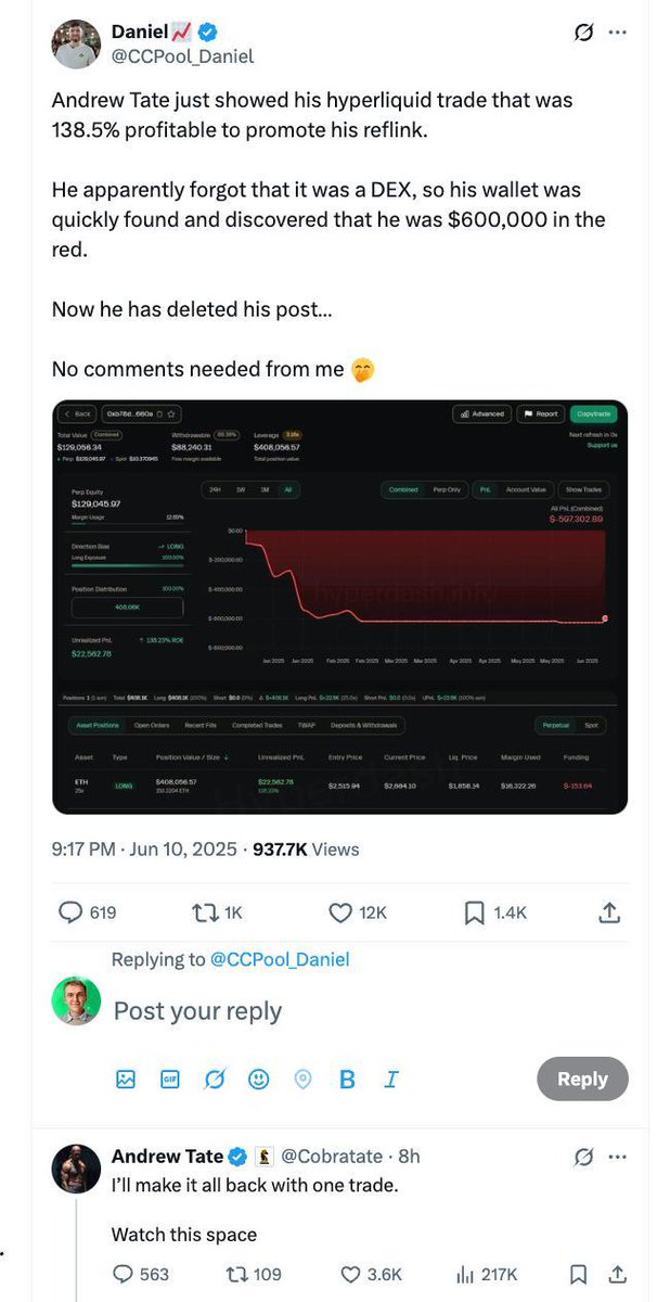 That's funny

Andrew Tate tried to push his referral link on Hyperliquid, showing 138.5 % profitable trade.

But Tate forgot $HYPE was a DEX, so every move is on-chain and public. One follower traced his wallet and found he was actually down about $600k.

Tate deleted the post