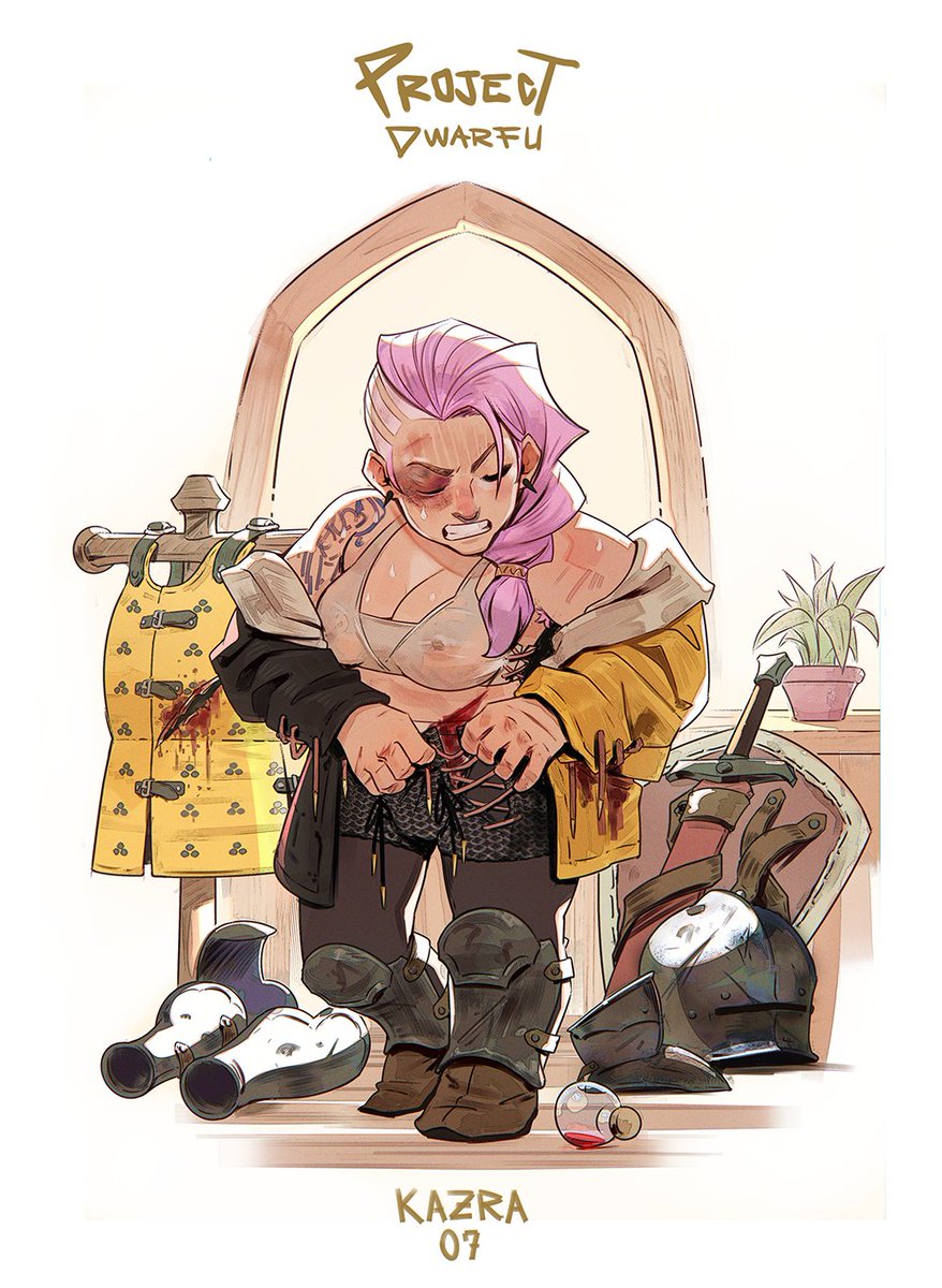 Kazra doesn’t go down easy. 
Bruised, bleeding, still standing. She strips off her armor, snarling at the gash across her gut. It’s been a shit day. But she’s alive. Can’t say the same for the bastards who crossed her.