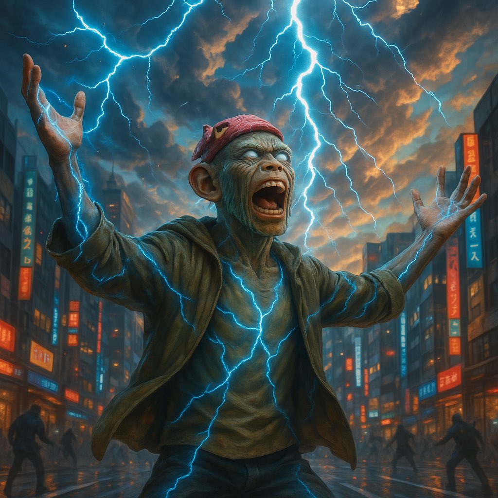 👉 A realistic version of the character in the middle of an epic cinematic anime style sci fi battle, not too dark and gloomy but more strong on colors and vibrancy, taking place in the middle of the street , exhibiting supernatural powers and blue lightening running through the